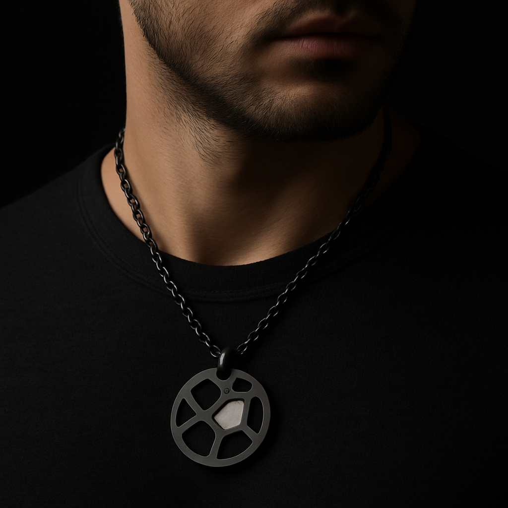 Void Disc Pendant — worn